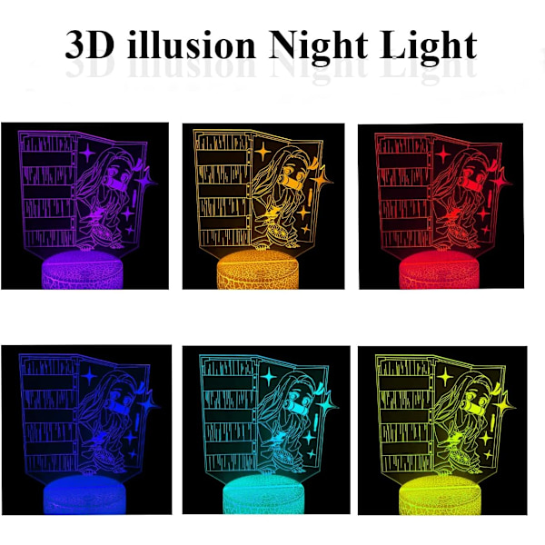 3D Illusions nattlys, Anime-lampe med 7 farger for barnegavene soverom dekor (Søt jente)