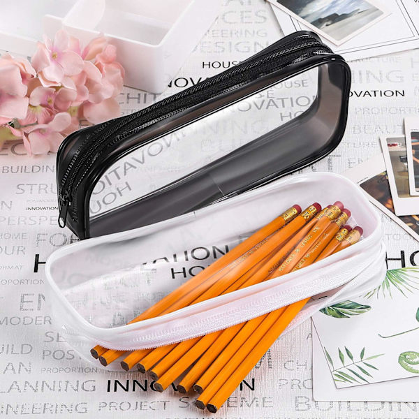 WJSM4 stk. gennemsigtig PVC lynlås penne- og blyantsetui, stort penalhus, makeup-pung (sort og hvid) Black  White