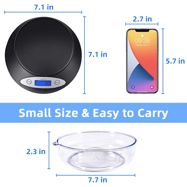 Digital kjøkkenvekt, svært nøyaktig 5000g/11lb x 0,1oz, matvekt for matlaging, baking og vekttap, kjøkkenvekt med bolle 2 moduser og tare