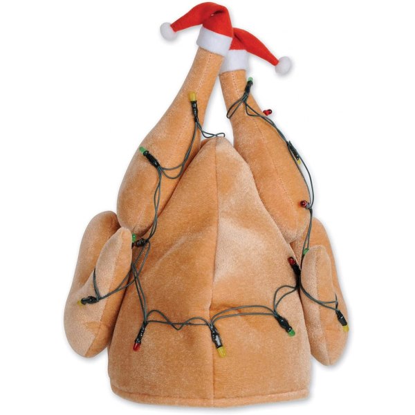 En uppsättning plyschiga, glänsande julhattar i form av kalkoner (20742), släta och mjuka, mycket bekväma, roliga, one size fits all.