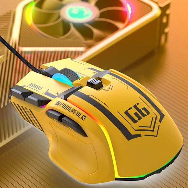 Ergonomisk Spelmus - Anpassningsbar, Bekväm och Precisionsdriven, Trådad RGB-Spelmus med 10 Programmerbara Knappar Yellow