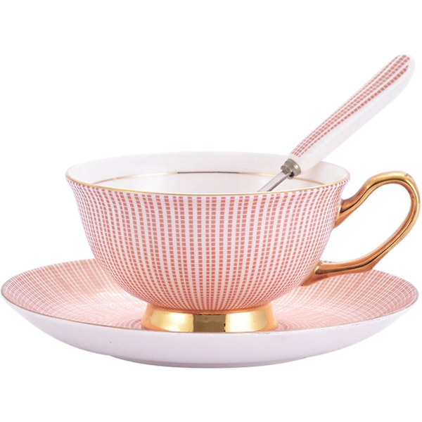 Kaffe Kopp og Skål Sett - 6.7 Oz Bone Kina Te Kopp med Skål og Skje - Fancy Kopp for Kontor, Kaffebord Ettermiddagste (rosa)
