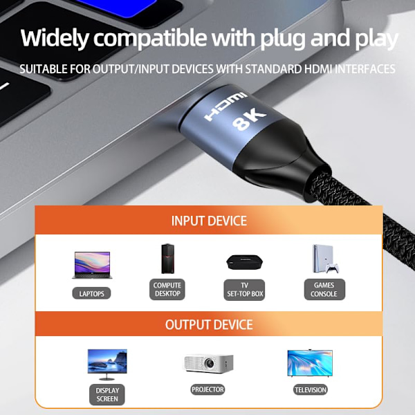 HDMI 2.1 8K 48 Gbps kabel, 0,5 m, Ultra High Definition HDMI-videokabel, støtter 8K60Hz 4K120Hz 2K240Hz eARC HDR10+Dolby Vision