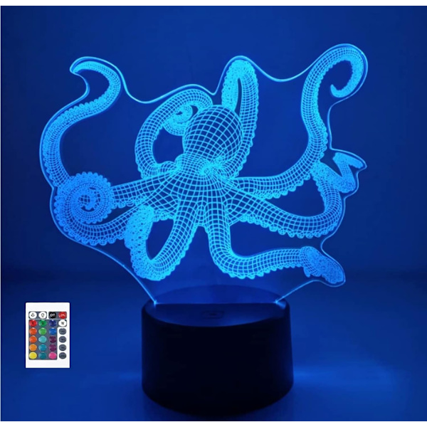 3D Blæksprutte Fjernbetjening 16 Farve Natlys Illusion Akryl LED Bordlampe Sengelampe Børneværelse Skrivebords Dekoration Fødselsdagsgaver Legetøj til Børn