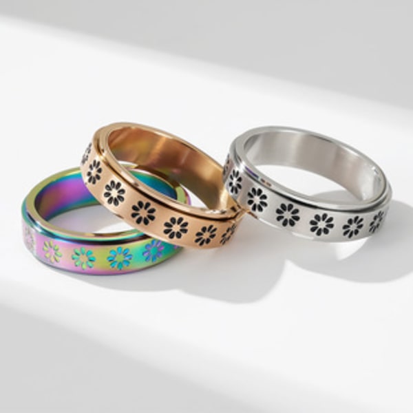 Rustfrit stål blomst udskæring spinner ring Daisy Fidget Band ringe måne stjerne onde øjne kors angst ring til kvinder mænd-U.S11 diameter: 20,7 mm Circ