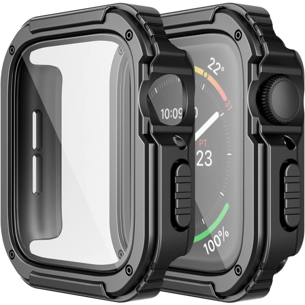 2-pack robust case kompatibel för Apple Watch 44mm Series SE/6/5/4 med skärmskydd i härdat glas, militärt runt hårt TPU-skyddsskydd