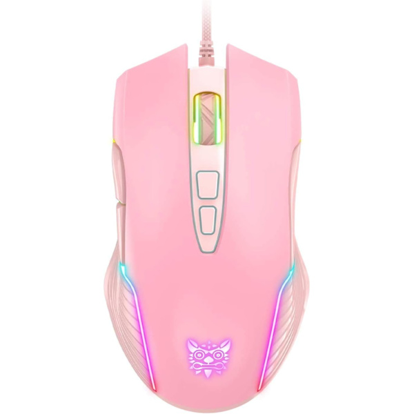 RGB Spelmus Trådbunden, USB Optisk Datormus med RGB Bakgrundsbelysning, 6 Justerbara DPI Upp till 6400, med 7 Programmerbara Knappar Pink