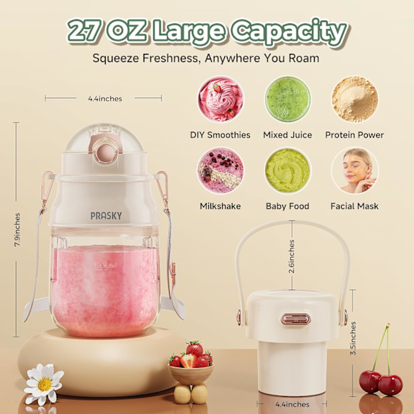 Bärbar Blender, Personlig Blender för Shakes och Smoothies med 27oz Mugg, Lock och Axelrem, Typ-C USB Laddningsbar
