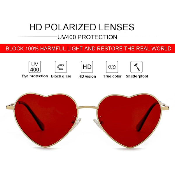 Polariserte hjerteformede solbriller for kvinner, mote, stilig stil, metallramme, UV400-beskyttelseslinse Gold Red 54 Millimeters