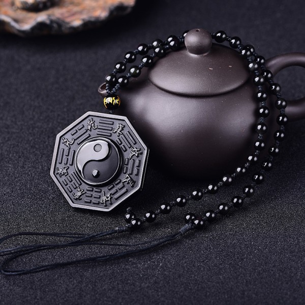 Naturlig Tai Chi-gravyr Svart Obsidian Stones hängande halsband med förlängd pärlkedja