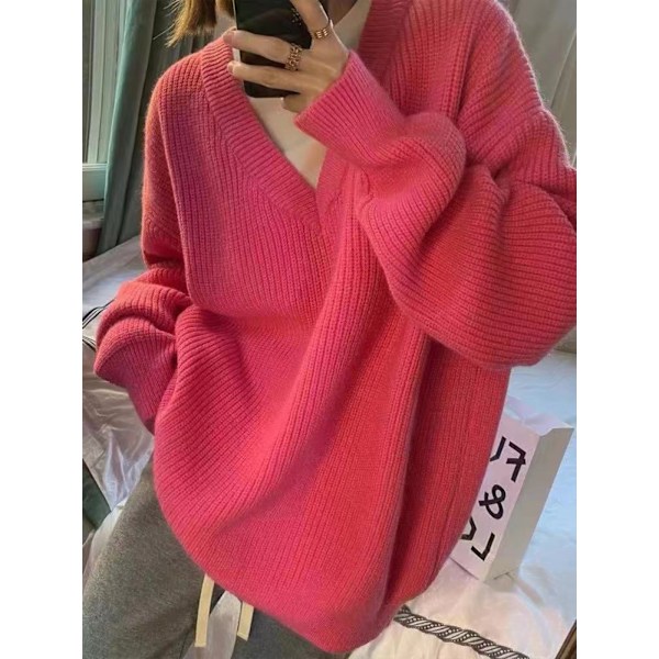 Hösttröjor för kvinnor Vinter V-ringad Ribbstickad Långärmad Pullover Fashion Tops