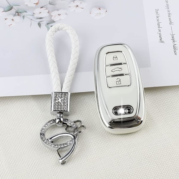 PIFOOG Nyckelringsskydd för Audi 4 knappar TPU Mjukt Nyckelfodral Skal Bling Nyckelring Biltillbehör för Audi Girly Kvinnor Vit Silver
