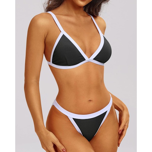 WJSM Damtriangel Bikini Set Halter Tvådelad Sexig Baddräkt String Tie Side Baddräkt Black White M