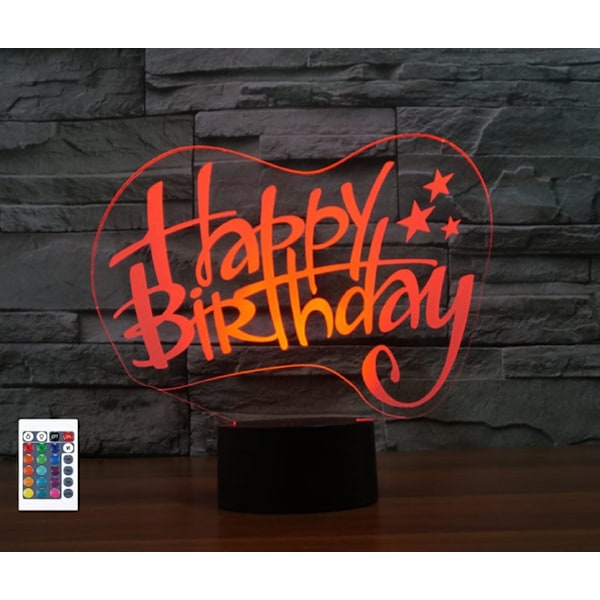 3D Happy Birthday Fjärrkontroll 16 Färger Nattlampor Illusion Akryl LED Födelsedagspresenter