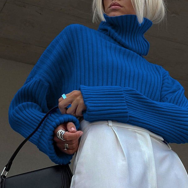 Kvinnors Ribbade Stickade Tröja, Mock Neck Långärmad Pullover, Solid Color Hög Hals Drop Shoulder Jumper Toppar,S