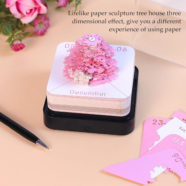 3D Papirkunst Kalender Multifunktionel Livagtig Dekoration 2024 Kalender Memo Pad til Hjemmekontor Pink