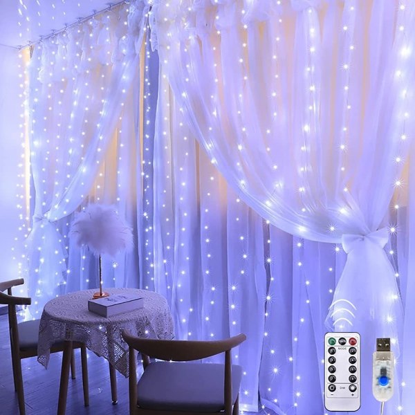 3*2 m gardinbelysning USB-LED julbelysning med 8 ljuslägen älvbelysning för sovrum inomhus utomhus juldekoration (vit)