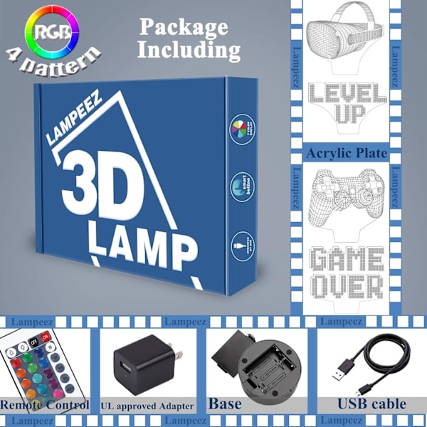 3D Spelkontrolllampa Nattlampa 3D Illusionlampa för Barn, Game Over, Level up, VR, Spelkontroll, 16 Färger som Skiftar med Fjärrkontroll, Dimbar (4 Mönster) Barnsäng