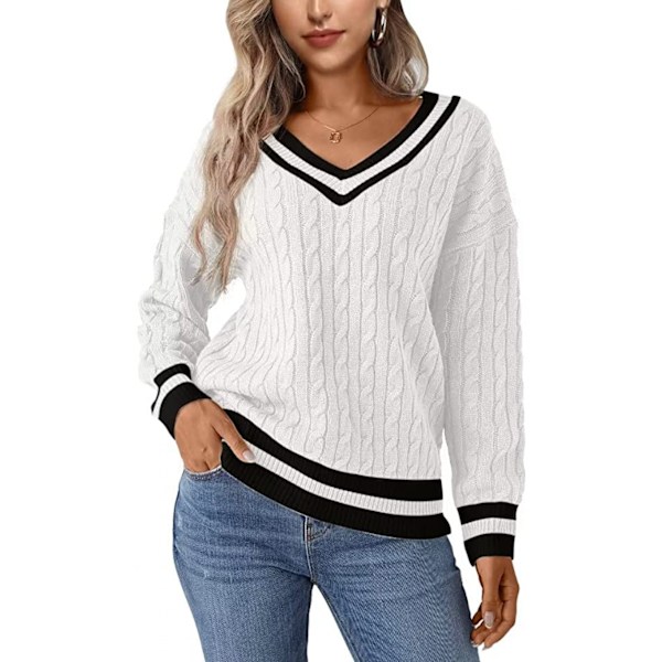 Naisten kaapeli neulottu V-kaulapaita rento pitkähihainen pusero löysä olkapää Jumper Top, pehmeä, mukava ja ihoystävällinen.