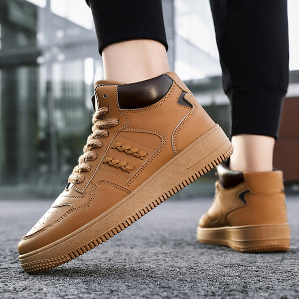 Herr High Top Skor Färgblock PU Läder Ovandel Gummisula Andningsbara Herr Sneaker Skor för Sport Basket Khaki 40
