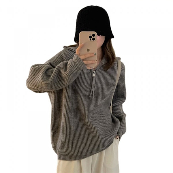 Dam långärmad 1/4 dragkedja krage stickad pullover tröja randig V-ringning lös casual jumper toppar