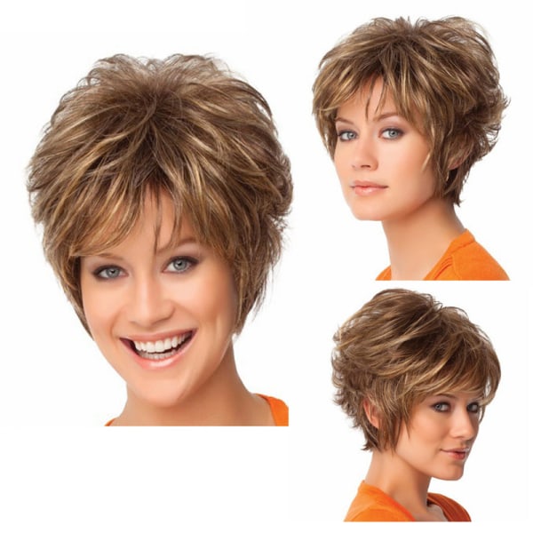 Short brown Wig for Old Women layered Synthetic Hair  for Cosplay Old Lady