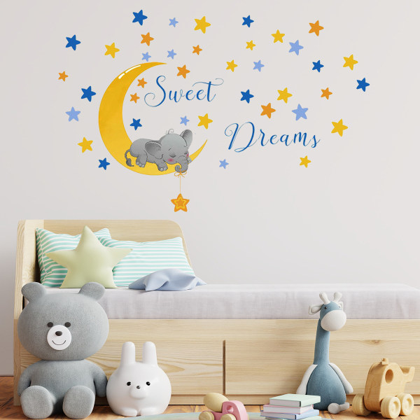 Elefantti seinätarra, söpö elefantti seinätarra kultaiset tähdet, irrotettava lastenhuoneen seinäkoriste lasten makuuhuoneeseen olohuoneeseen