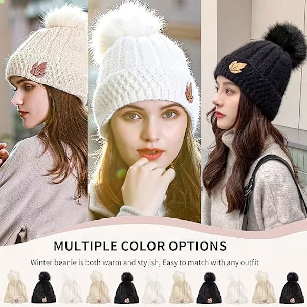 Dametøj Beanie Hat med Pom Pom Fleeceforet Vinterhat Blød Varmt Sød Skull Beanie Hat til Koldt Vejr