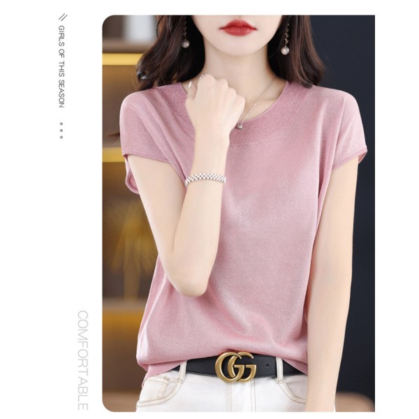 Sommer Ny Casual Kortærmet Dame Rund Hals Strik Sweater Ærme T-shirt Løs Western-stil Lys Silke Elegant Top Pink L