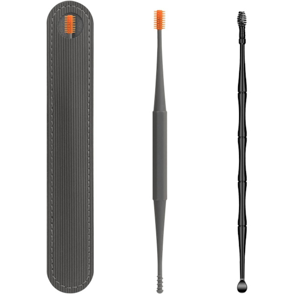 Q Grips Öronvaxavlägsningssats Öronrengörare 2 st Öronborttagare Plockverktyg Set Återanvändbar Mjuk Silikon med Utsökt Läderfodral för Äldre Vuxna Barn Grey
