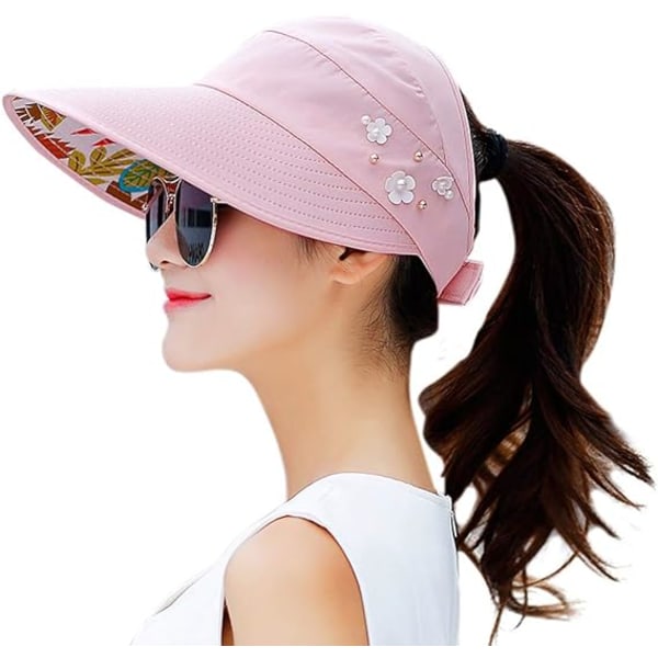 Solhatte til kvinder med bred skygge, solbeskyttelse, caps, floppy strandhat, pakbar skygge Pink