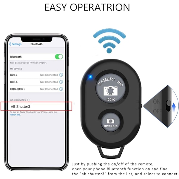 Trådlös fjärrkontroll för mobiltelefoner och surfplattor (3-pack), AOQIYUE Bluetooth-fjärrkontroll för iPhone/Android-kamerakontroll 3-black
