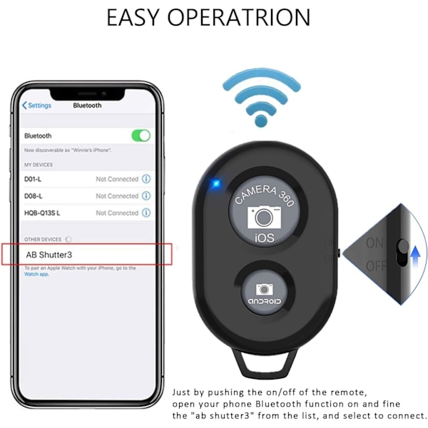 Trådløs fjernbetjening til mobiltelefoner og tablets (3-pak), AOQIYUE Bluetooth-fjernbetjening til iPhone/Android-kamerakontrol 3-black