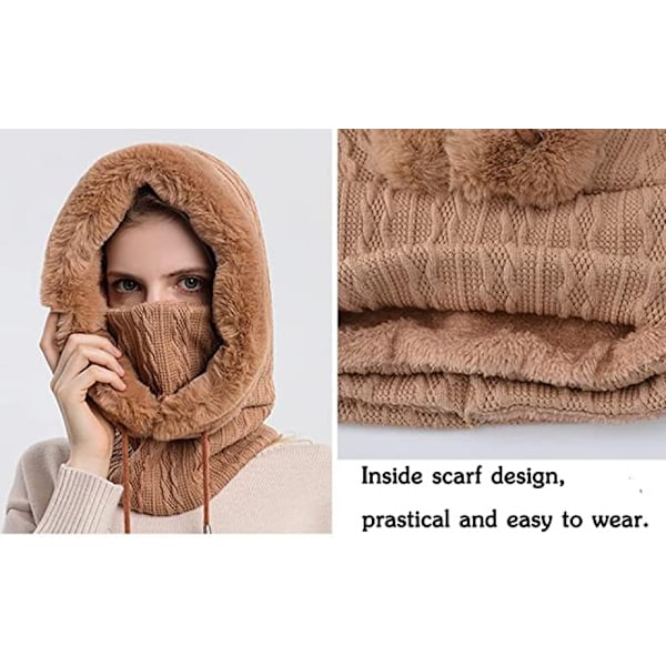 Kvinnors Enfärgade Slouchy Fleece Mössa Halsduk Mask Dragsko Varm Huva Vinter Balaclava Pullover Stickad Mössa