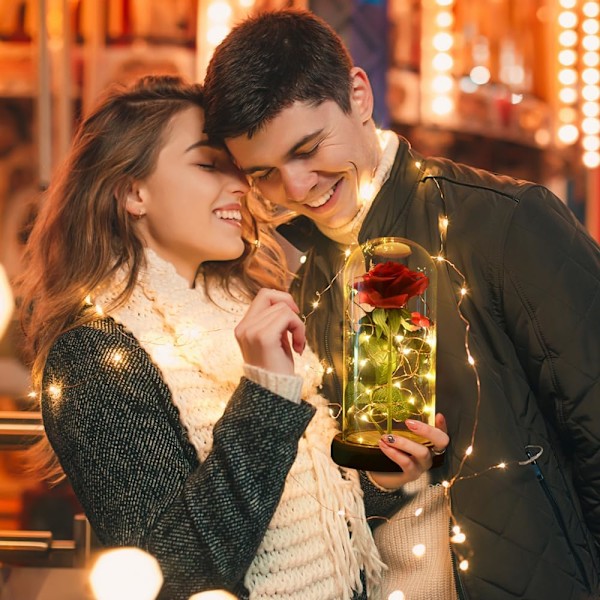 Konserveret Rose Fortryllet Rose Rød Silke Rose i Glaskuppel med LED Lys Pine Base, Romantisk Hjemmeindretning Gaver til Mor Kvinder Valentinsdag