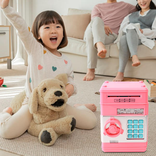 2 lägen ATM spargris digital elektronisk papperspengar mynt säker låda spara kassaskåp med 7 musikspår för barn Pink