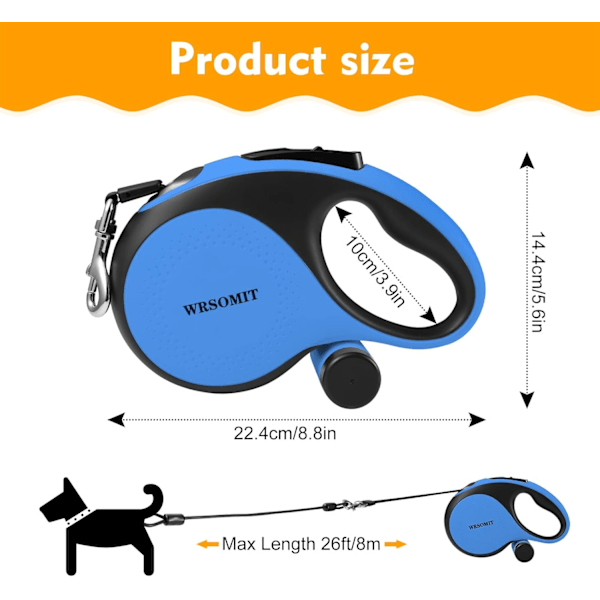 Inntrekkbar hundekobbel med tyggebestandig kabel, 26 fot tungt hundekobbel for små mellomstore store hunder opptil 110 pund, 360° uten floker, enhåndsbrems (B Blue Large - 26 ft