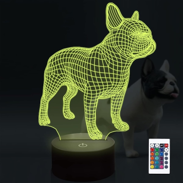 3D Ranskanbulldoggi Yövalo, 16 Väriä Vaihtuva Optinen Illuusio Lamppu Kaukosäätimellä Syntymäpäivä Joulu Ystävänpäivä Lahjaidea Taaperoille Pojille Tytöille