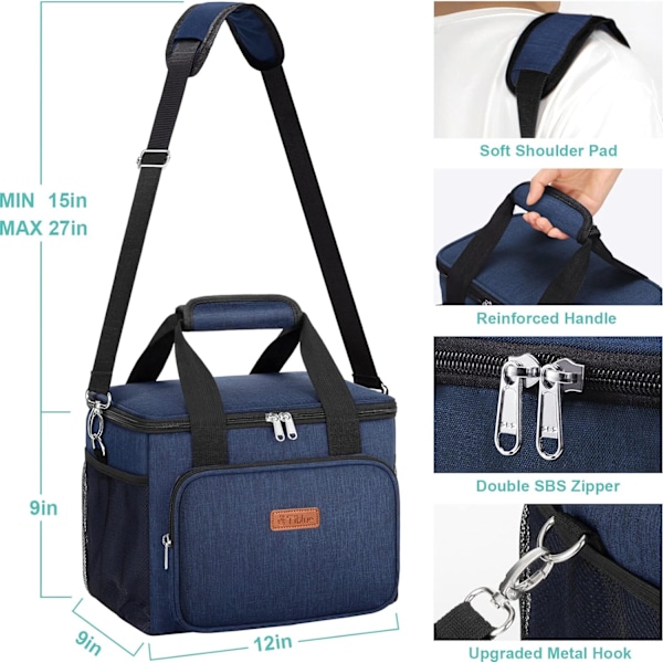 Marineblå unisex isolert lunsjpose, 12 x 9 x 9 tommer, 4-lags isolasjon, vanntett, bærbar, gjenbrukbar, ideell for arbeid, utflukter, piknik, leir Navy Blue Large