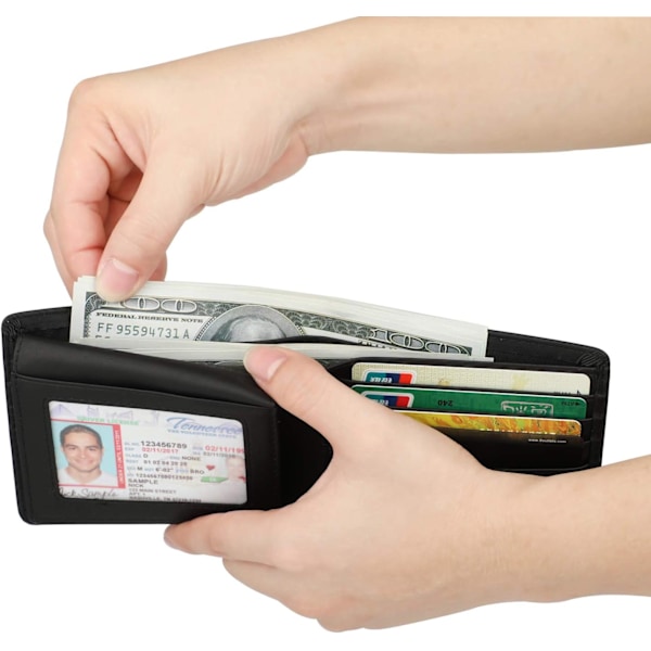 Plånbok för män - Äkta läder RFID-blockerande bifold stilren plånbok med 2 ID-fönster Black