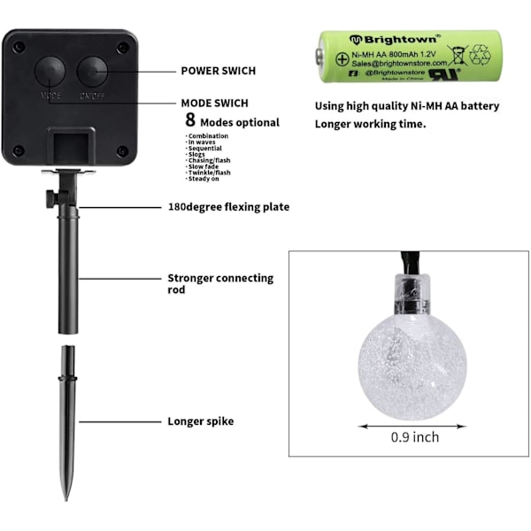 Solcelledrivne lysslynger utendørs 100 LED 39,5FT krystallkulelys med 8 lysmoduser, vanntette solcelledrevne utelamper for hagegård veranda W Warm White39.5FT