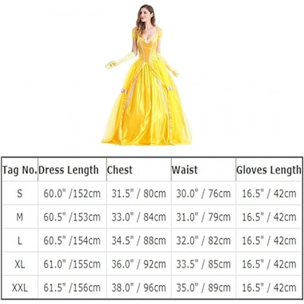 Belle kjole voksen prinsesse kostume fest karneval cosplay performance halloween gul kostume med handsker, XXL