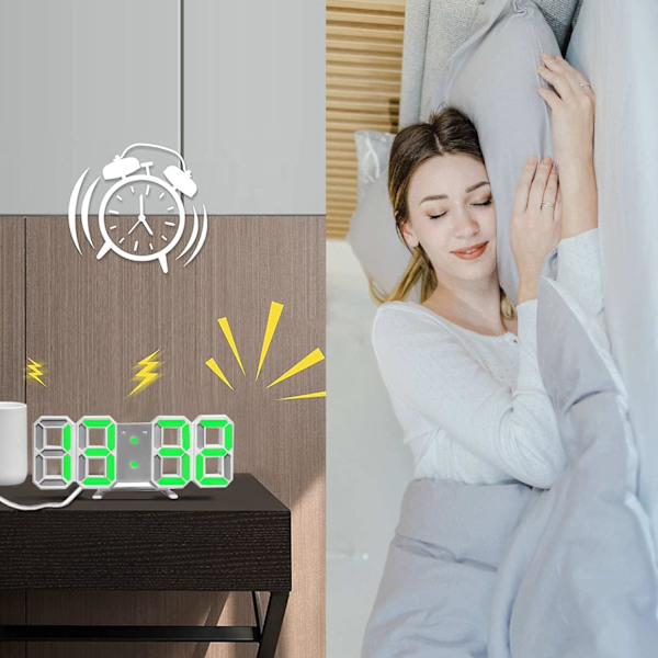 Uppgraderad modern 3D-väckarklocka, LED digital skrivbordsväckarklocka för kök, sovrum, kontor, modern design 9,7 tum LED vitt nattljus dekor vägg