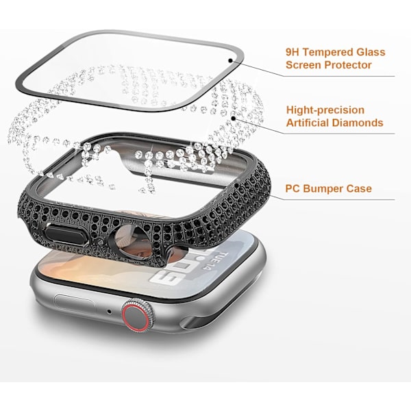 2-pack Bling-fodral till Apple Watch Series 7 45 mm med inbyggt skärmskydd i härdat glas, heltäckande Bling-fodral med kristalldiamanter till iWatch