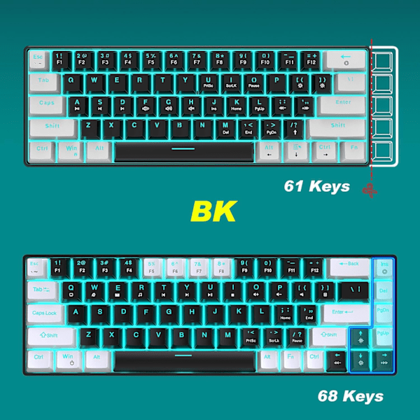 Langallinen Pelikirjoitin, RGB-Taustavalaistu Näppäimistö, Ultra-Kompakti 68 Näppäimen Näppäimistö PC/Mac-Pelaajille, 19 Erilaista Valotilaa