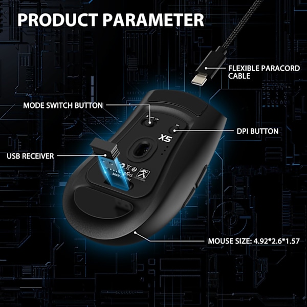 Trådlös Spelmus med Tri-lägen BT 5.1/2.4Ghz/USB-C, Lätt 49g, PAW3212 Optisk Sensor, Uppladdningsbart Batteri, RGB LED Bikake Mus Black