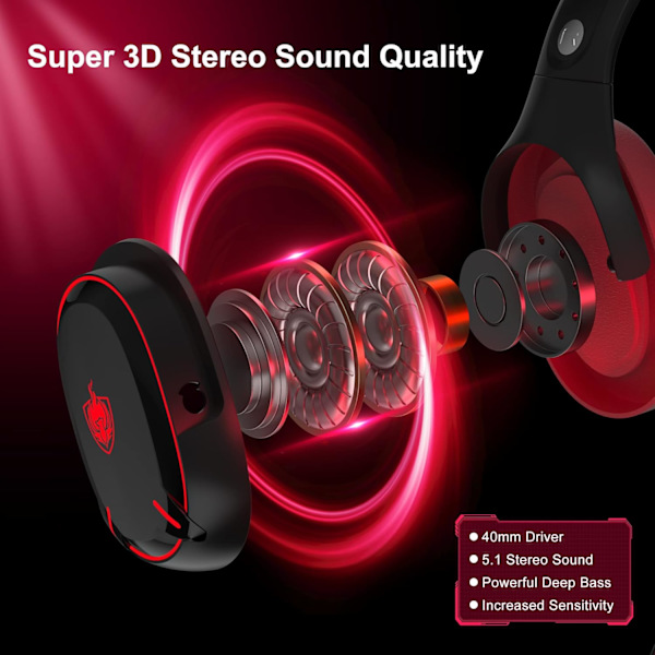 H-8 PC Gaming Headset til PS4, PS5, Controller, Xbox One Headset med Stereo Sound, Over Ear Hovedtelefoner med Støjreducerende Mikrofon, LED Lys, Lydstyrke