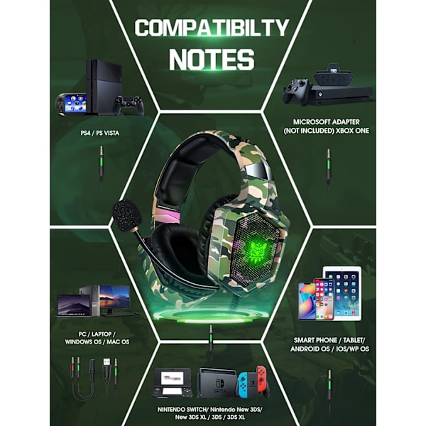 Gaming Headset med mikrofon, Gaming Hörlurar för PS4 PS5 Xbox One PC med LED-lampor, Playstation Headset med brusreducering 7.1 Surround Sou Green