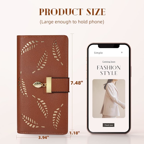 Lang bladlignende lommebok for kvinner, kortholder i skinn, veske med glidelås og spenne, elegant clutch-lommebok, håndveske for kvinner - Brun Brown