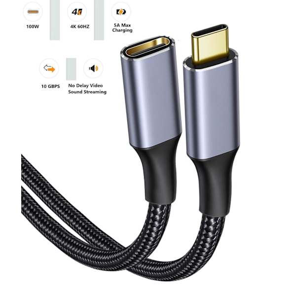Thunderbolt 3 USB-C förlängningskabel, 6 fot, USB-C hane till hona All Purpose USE 10 Gbps PD 100W 4K (kompatibel med Thunderbolt 4-enhet)